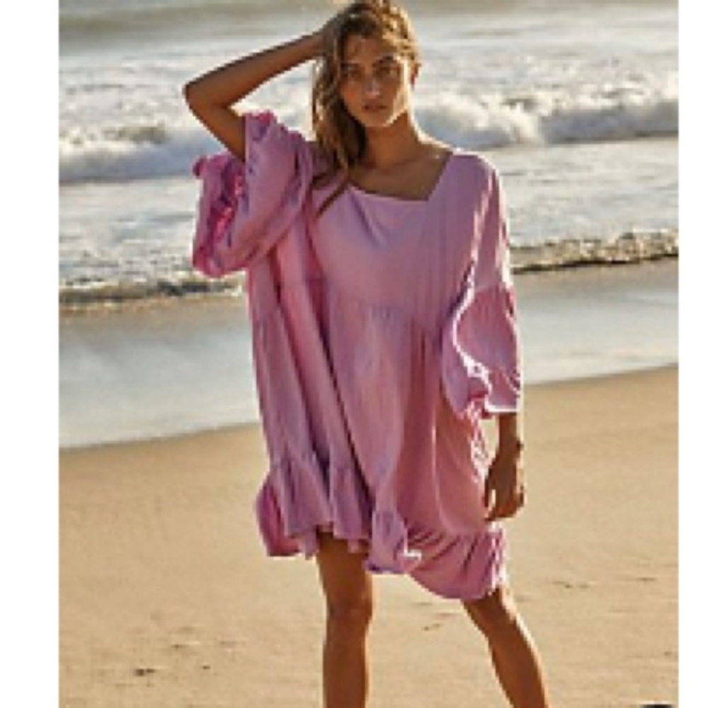 Free People Pink Ruffled Sundress with Bishop Sleeves